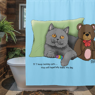 Cute Grey Cat Teddy Bear Funny Blue Shower Curtain