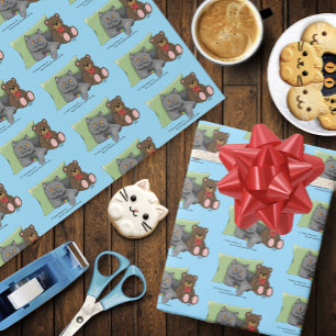 Cute Grey Cat Teddy Bear Funny Blue Wrapping Paper