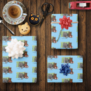Cute Grey Cat Teddy Bear Funny Blue Wrapping Paper Sheets