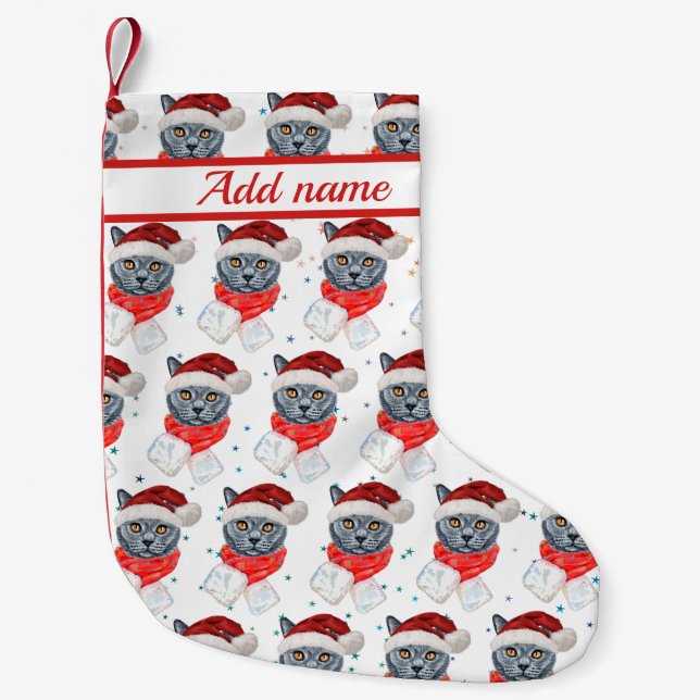 Cute Grey Cat Watercolor with Scarf Small Christmas Stocking (Front)