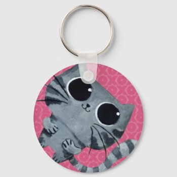 Cute Grey Cat With Big Black Eyes Keychain by colonelle at Zazzle
