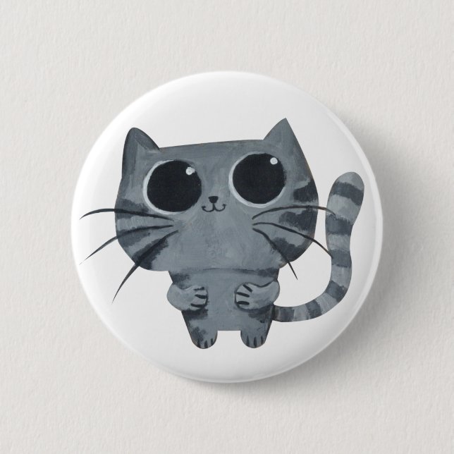 Cute Grey Cat with big black eyes Pinback Button (Front)