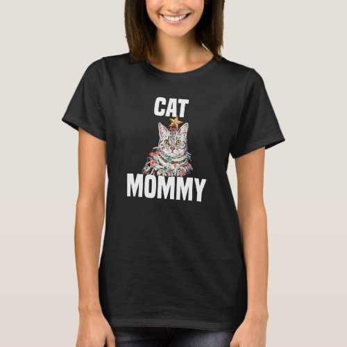 Cute grey cat with fairy lights Crazy Cat Mom T_Shirt