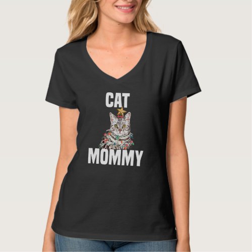 Cute grey cat with fairy lights Crazy Cat Mom T_Shirt