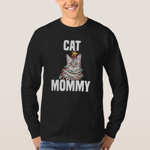 Cute grey cat with fairy lights Crazy Cat Mom T_Shirt