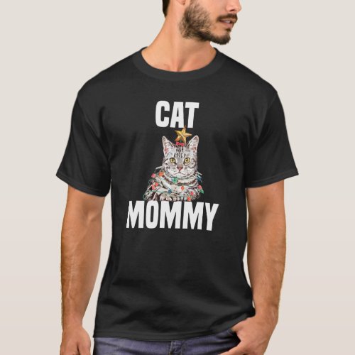 Cute grey cat with fairy lights Crazy Cat Mom T_Shirt