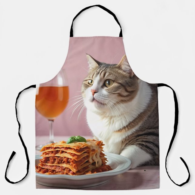 Cute Grey Cat with Lasagna and Wine Glass Apron (Front)