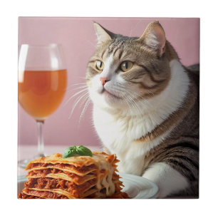 Cute Grey Cat with Lasagna and Wine Glass Ceramic Tile