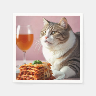 Cute Grey Cat with Lasagna and Wine Glass Napkins