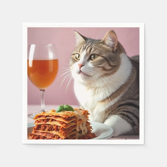 Cute Grey Cat with Lasagna and Wine Glass Napkins (Front)