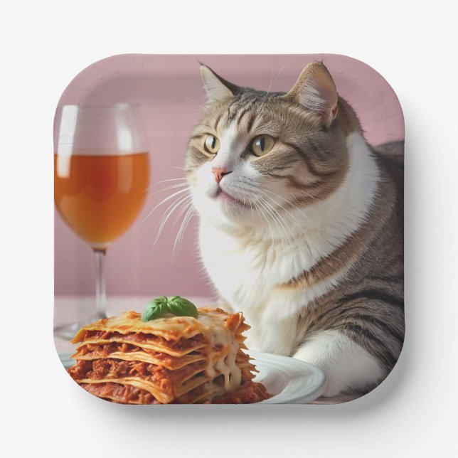 Cute Grey Cat with Lasagna and Wine Glass Paper Plates (Front)