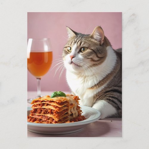 Cute Grey Cat with Lasagna and Wine Glass Postcard