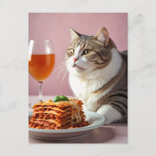 Cute Grey Cat with Lasagna and Wine Glass Postcard