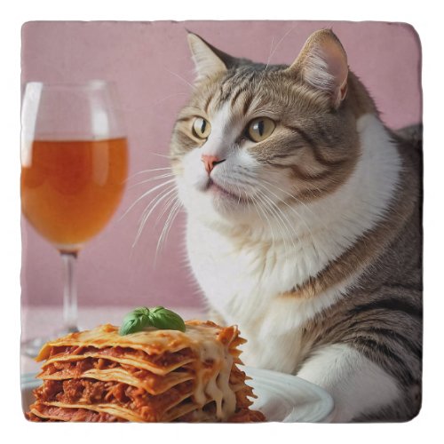 Cute Grey Cat with Lasagna and Wine Glass Trivet