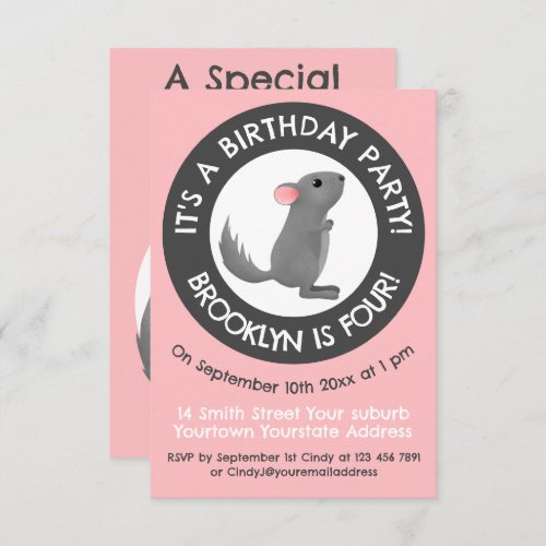 Cute grey chinchilla cartoon birthday invitat invitation
