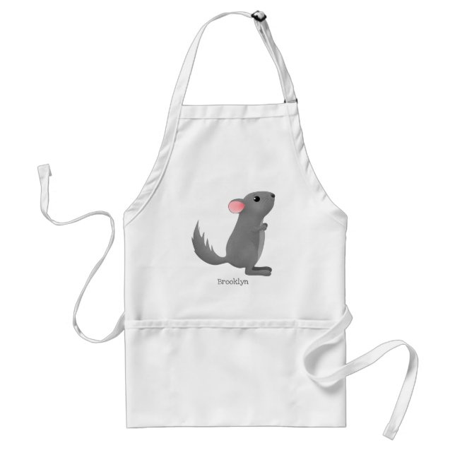 Cute grey chinchilla cartoon illustration adult apron (Front)