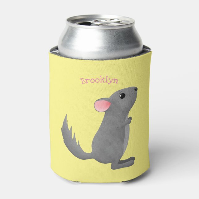 Cute grey chinchilla cartoon illustration can cooler (Can Front)