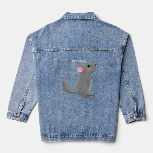 Cute grey chinchilla cartoon illustration  denim jacket (Back)