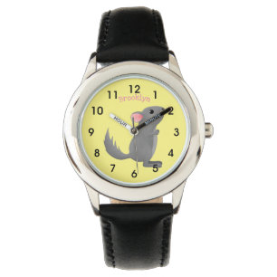 Cute grey chinchilla cartoon illustration  watch