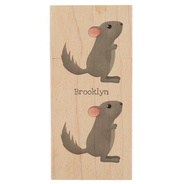 Cute grey chinchilla cartoon illustration  wood flash drive (Front Vertical)
