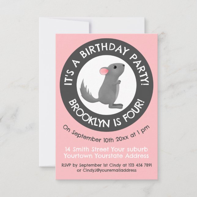 Cute grey chinchilla personalized cartoon birthday invitation (Front)