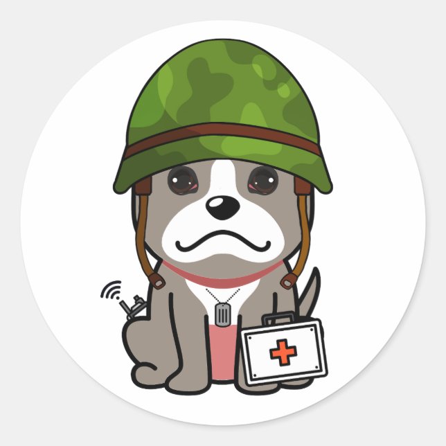 Cute grey Dog Wearing army helmet Classic Round Sticker (Front)