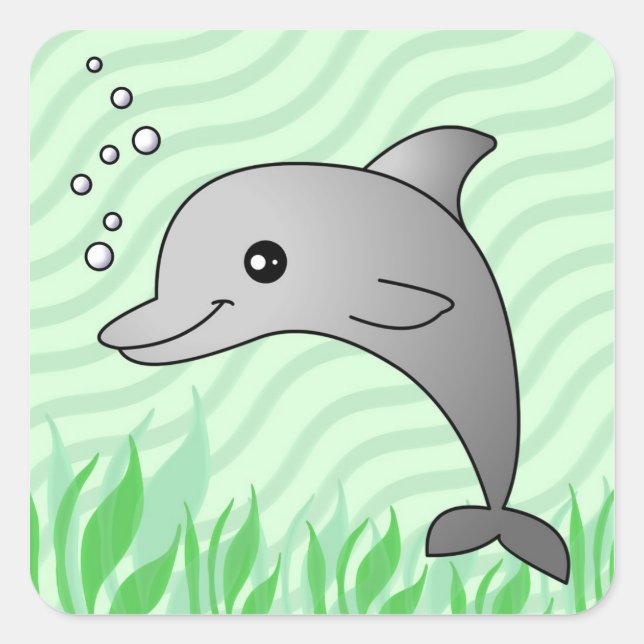 Cute Grey Dolphin in Green Water Square Sticker (Front)