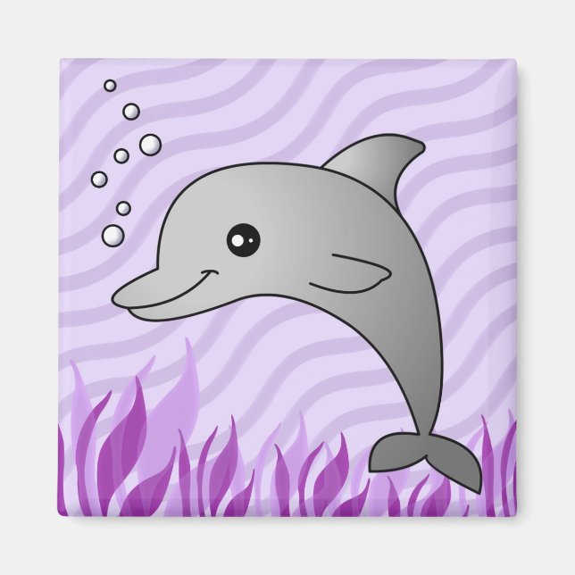 Cute Grey Dolphin in Purple Water Magnet (Front)