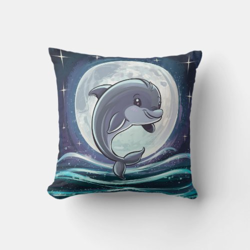 Cute Grey Dolphin Jumping above Sea Water at Night Throw Pillow