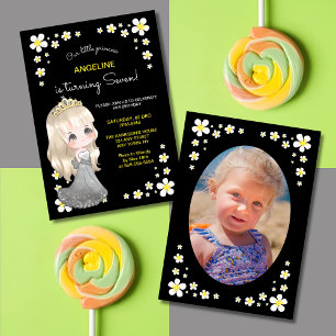 Cute Grey Dress Princess Floral Photo Birthday  Invitation
