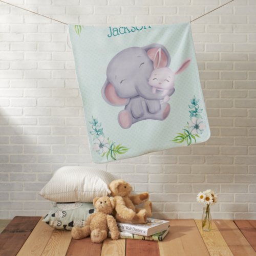 Cute Grey Elephant and Bunny Rabbit   Baby Blanket