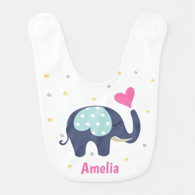 Cute Grey Elephant and Pink Heart Personalised Baby Bib (Front)