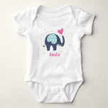 Cute Grey Elephant and Pink Heart Personalised Baby Bodysuit