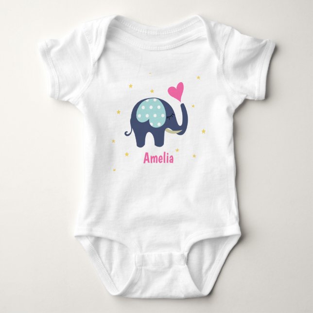 Cute Grey Elephant and Pink Heart Personalised Baby Bodysuit (Front)