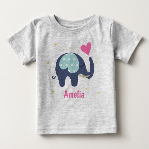Cute Grey Elephant and Pink Heart Personalised Baby T_Shirt