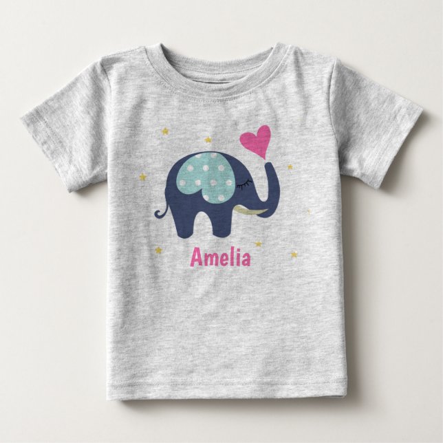 Cute Grey Elephant and Pink Heart Personalised Baby T-Shirt (Front)