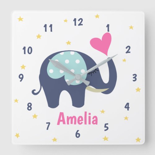 Cute Grey Elephant and Pink Heart Personalised Square Wall Clock
