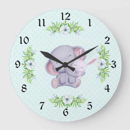 Cute Grey Elephant And White Bunny Rabbit Large Clock
