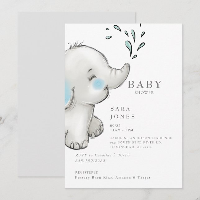 Cute Grey Elephant Baby Shower Invitation (Front/Back)