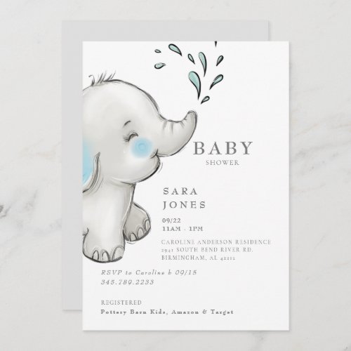 Cute Grey Elephant Baby Shower Invitation