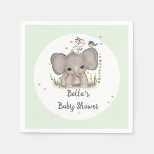 Cute Grey Elephant Bunny Baby Shower Paper Napkin