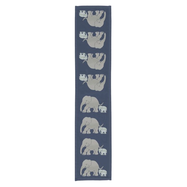 Cute grey elephant with baby on night blue short table runner (Front)