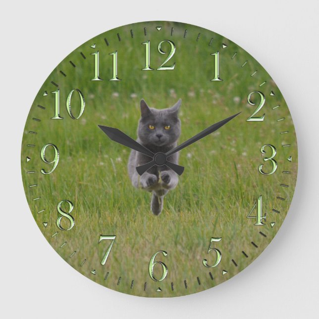 Cute Grey Farm Cat Racing Across Green Grass Photo Large Clock (Front)