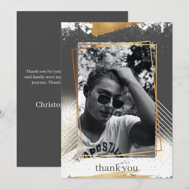 Cute Grey & Gold Framed Graduation Thank You Card (Front/Back)