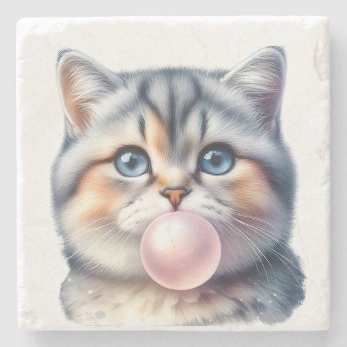 Cute Grey Gray Tabby Cat Blowing Bubble Gum Funny  Stone Coaster