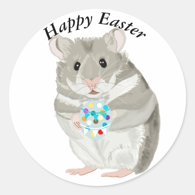 Cute Grey Hamster Holding an Easter Egg Editable Classic Round Sticker (Front)