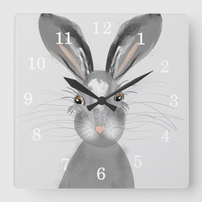 Cute Grey Hare Whimsy Illustration Square Wall Clock (Front)