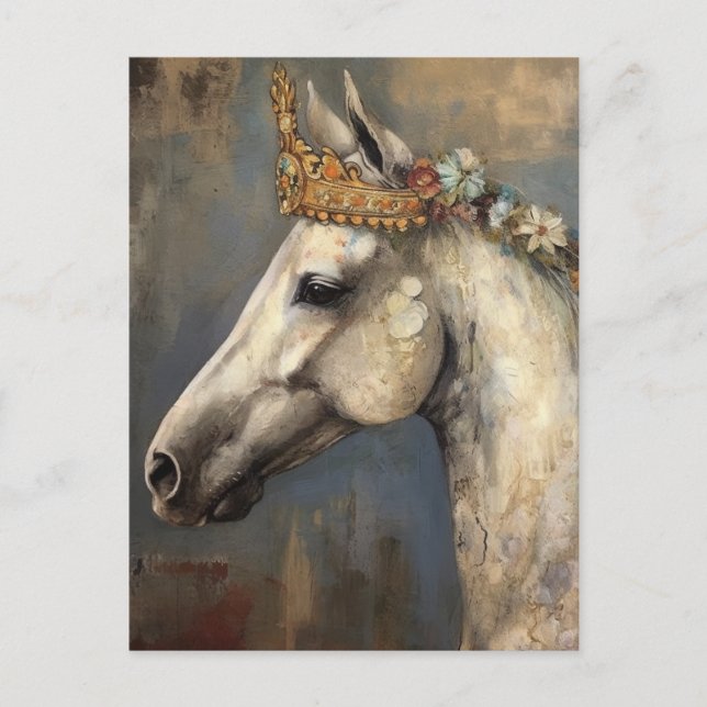 Cute Grey Horse in a Crown and Flowers Postcard (Front)
