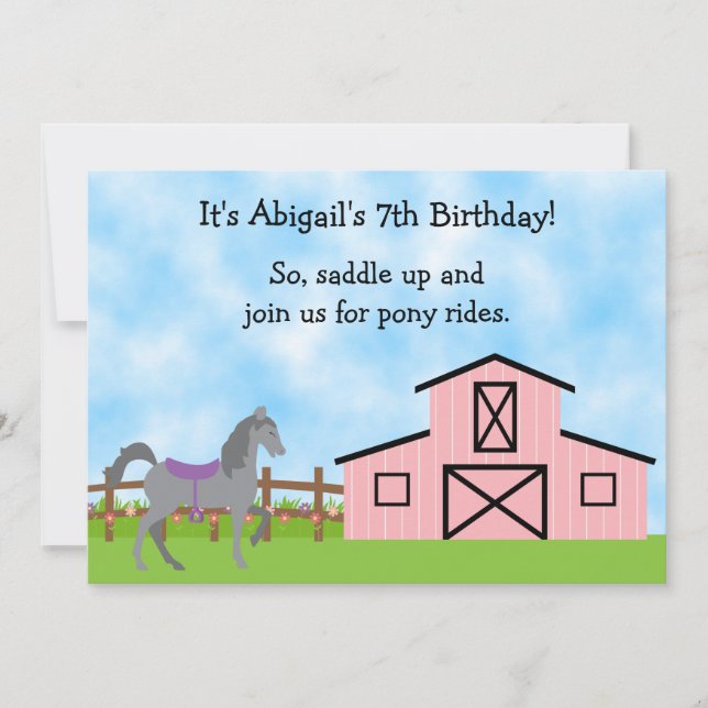 Cute Grey Horse Pony Rides Girls Birthday Invite (Front)