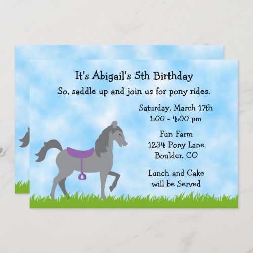 Cute Grey Horse Pony Rides Horse Birthday Party Invitation